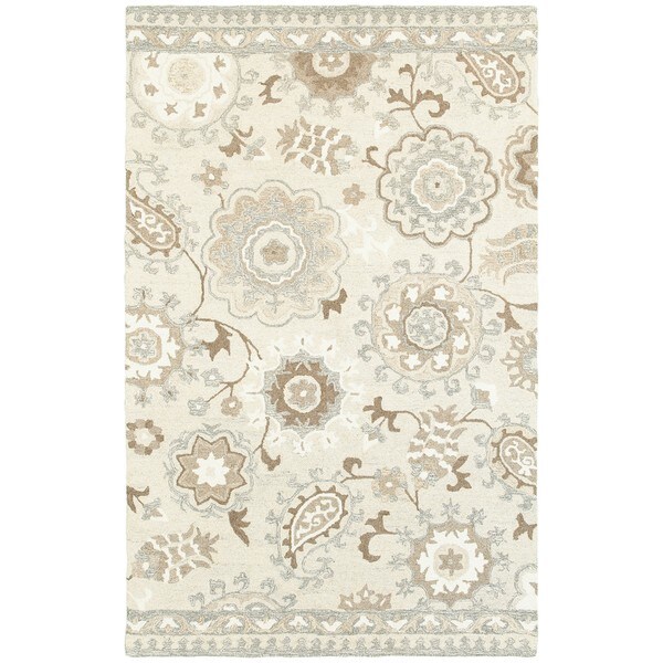 Copper Grove Marthrown Floral Ivory/ Grey Undyed Wool Handcrafted Area Rug - 3'6" x 5'6"