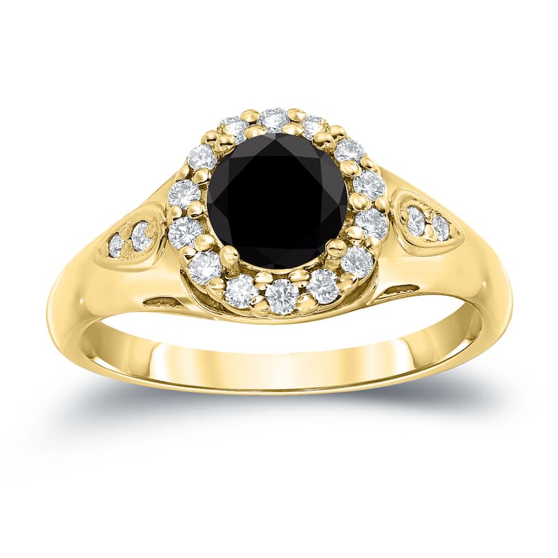 Auriya Round Black Diamond Halo Engagement Ring 1 1/4ct TDW 14k Gold - 4 - Yellow