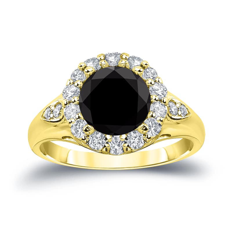 14k Gold Modern Round 3 1/3ct TDW Black Diamond Halo Engagement Ring by Auriya (H-I, SI1-SI2) - 4 - Yellow