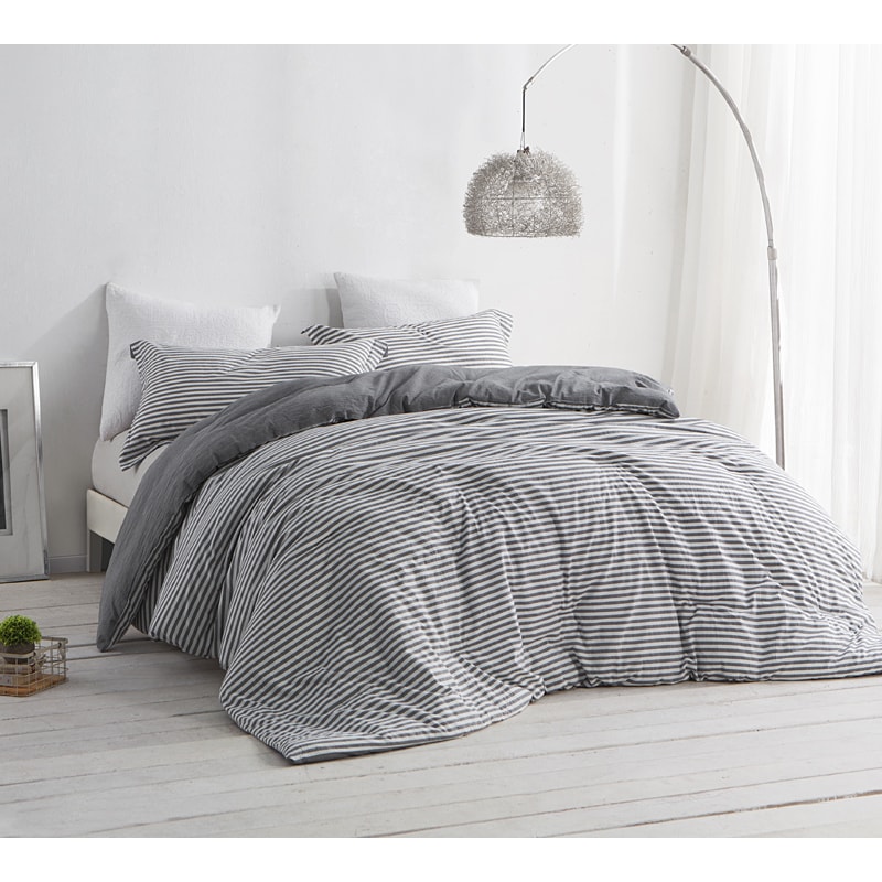 grey and white pinstripe comforter