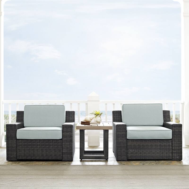 Beaufort 3 pc Outdoor Wicker Seating Set with Mist Cushion - Loveseat, Chair, Coffee Table - 69 "W x 37 "D x	31.5 "H