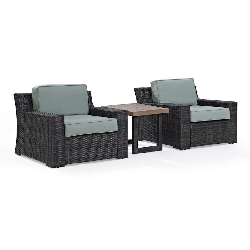 Beaufort 3 pc Outdoor Wicker Seating Set with Mist Cushion - Loveseat, Chair, Coffee Table - 69 "W x 37 "D x	31.5 "H