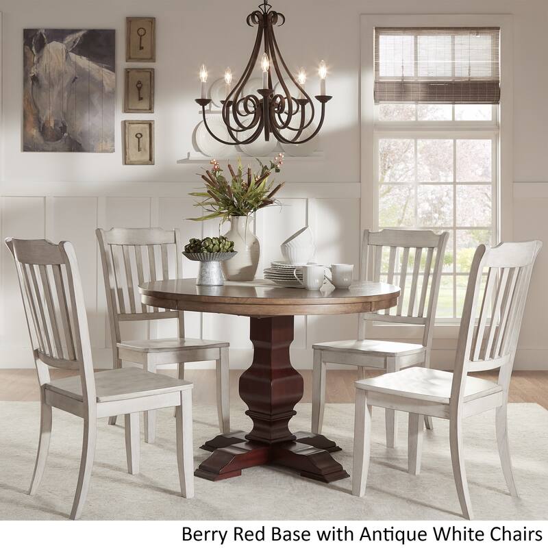 Eleanor Red Round Solid Wood Top 5-Piece Dining Set - Slat Back by iNSPIRE Q Classic - Berry Red Table - Antique White Chairs