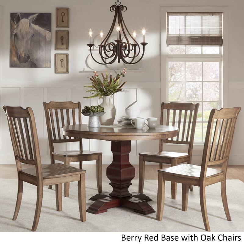 Eleanor Red Round Solid Wood Top 5-Piece Dining Set - Slat Back by iNSPIRE Q Classic - Berry Red Table - Oak Chairs