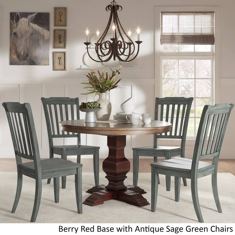 Eleanor Red Round Solid Wood Top 5-Piece Dining Set - Slat Back by iNSPIRE Q Classic - Berry Red Table - Antique Sage Green Chairs