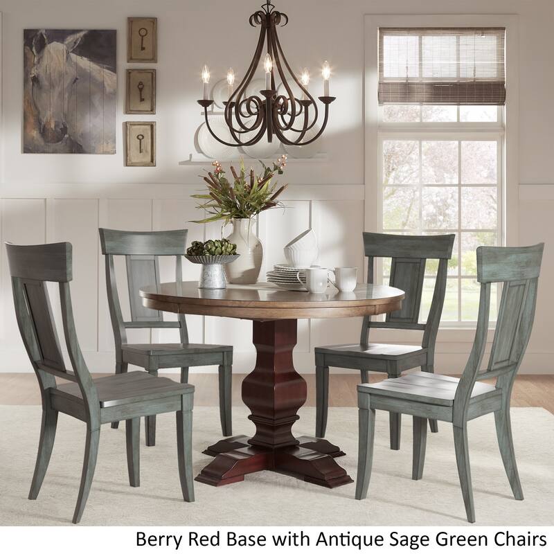 Eleanor Red Round Solid Wood Top 5-Piece Dining Set - Panel Back by iNSPIRE Q Classic - Berry Red Table - Antique Sage Green Chairs