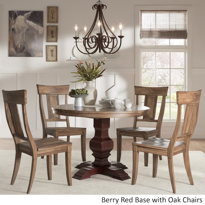 Eleanor Red Round Solid Wood Top 5-Piece Dining Set - Panel Back by iNSPIRE Q Classic - Berry Red Table - Oak Chairs