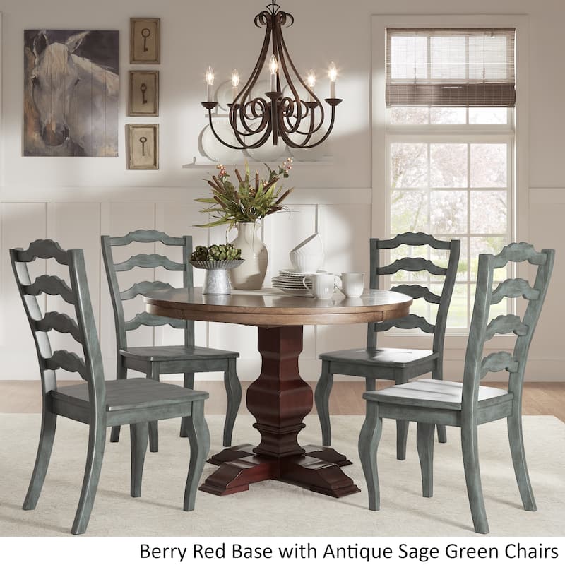 Eleanor Red Round Solid Wood Top 5-Piece Dining Set - French Ladder Back by iNSPIRE Q Classic - Berry Red Table - Antique Sage Green Chairs