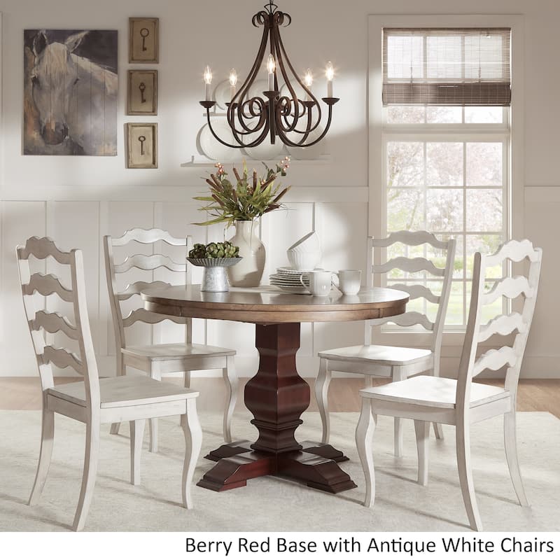 Eleanor Red Round Solid Wood Top 5-Piece Dining Set - French Ladder Back by iNSPIRE Q Classic - Berry Red Table - Antique White Chairs