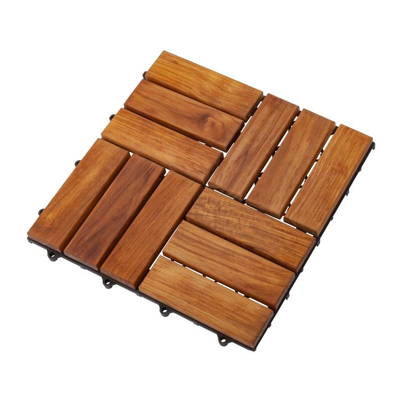 12-slat Basket Weave Teak Wood Interlocking Tile Set (Pack of 10)