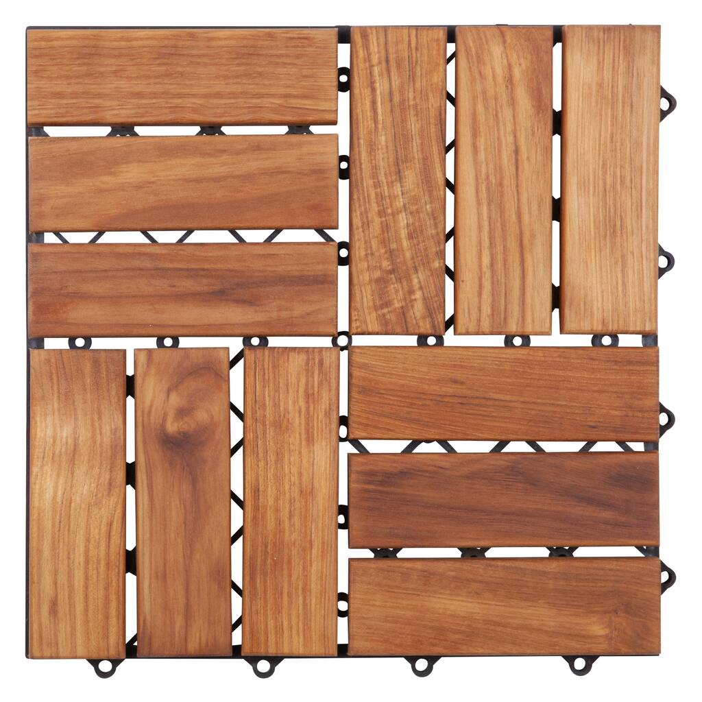 12-slat Basket Weave Teak Wood Interlocking Tile Set (Pack of 10)