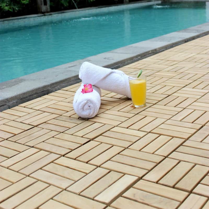 Basket Weave Natural Teak Wood Interlocking Tile Set (10 Square Feet)