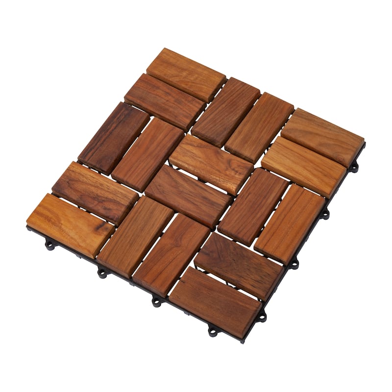Zig Zag Teak Wood 18-slat Square Interlocking Tile Set (Pack of 10)