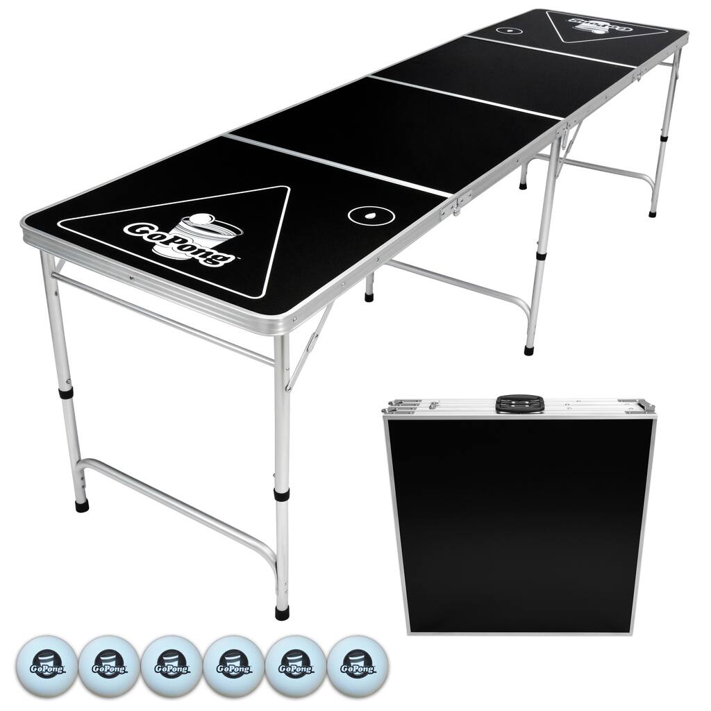 GoPong Black 8' Portable Folding Beer Pong and Flip Cup Table With 6 Balls