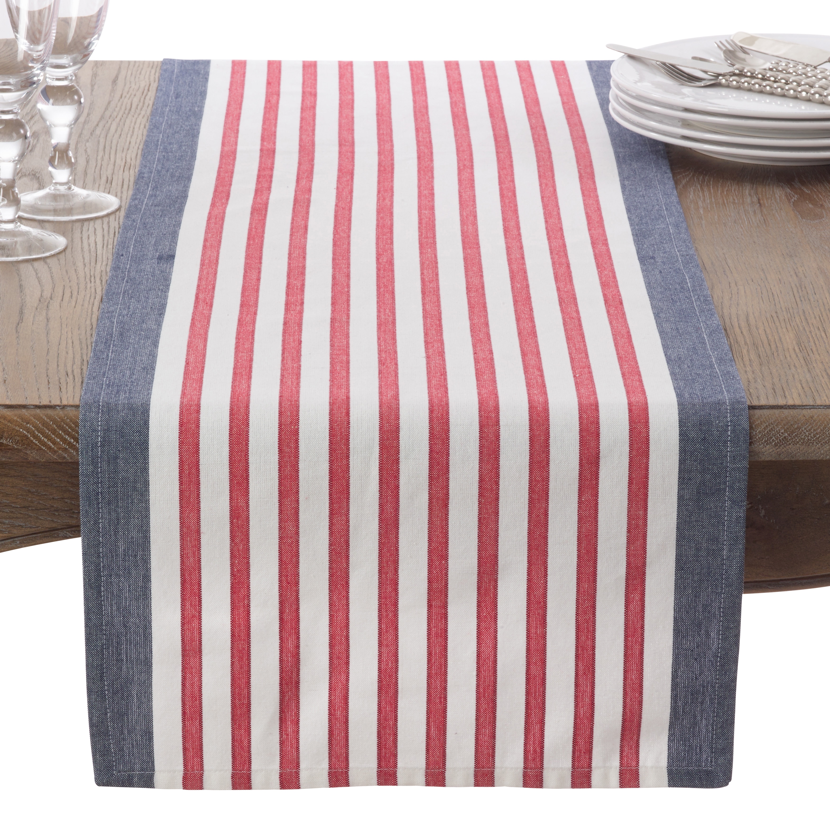 Red White & Blue Patriotic Americana Striped Cotton Ribbed 108" Table Runner 