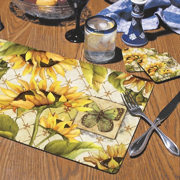 Set of 3 PLASTIC SEMI CLEAR HARD PLACEMATS 12" x 18" SUNFLOWERS & BIRDHOUSES 