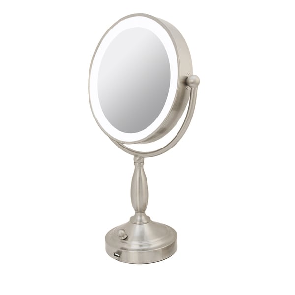 Rucci 1x/10x Magnification LED Lighted Metal Stand Mirror with 3 Dim Settings and Kabuki Brush and Cosmetic Sponge