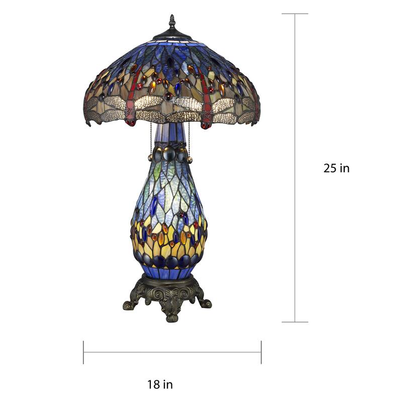 Tiffany-style Blue Dragonfly Table Lamp with Lighted Base