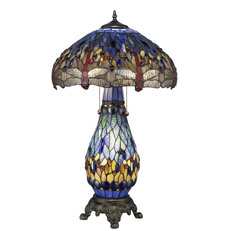 Tiffany-style Blue Dragonfly Table Lamp with Lighted Base