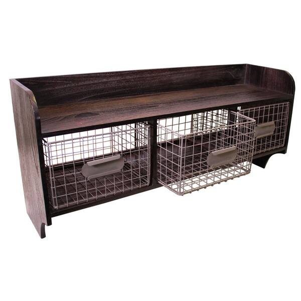 wood wall shelf with 3 wire baskets and