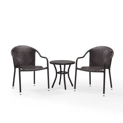 Crosley Palm Harbor 3 Piece Outdoor Wicker Cafe Seating Set in Brown-- 2 Stacking Chairs and Round Side Table
