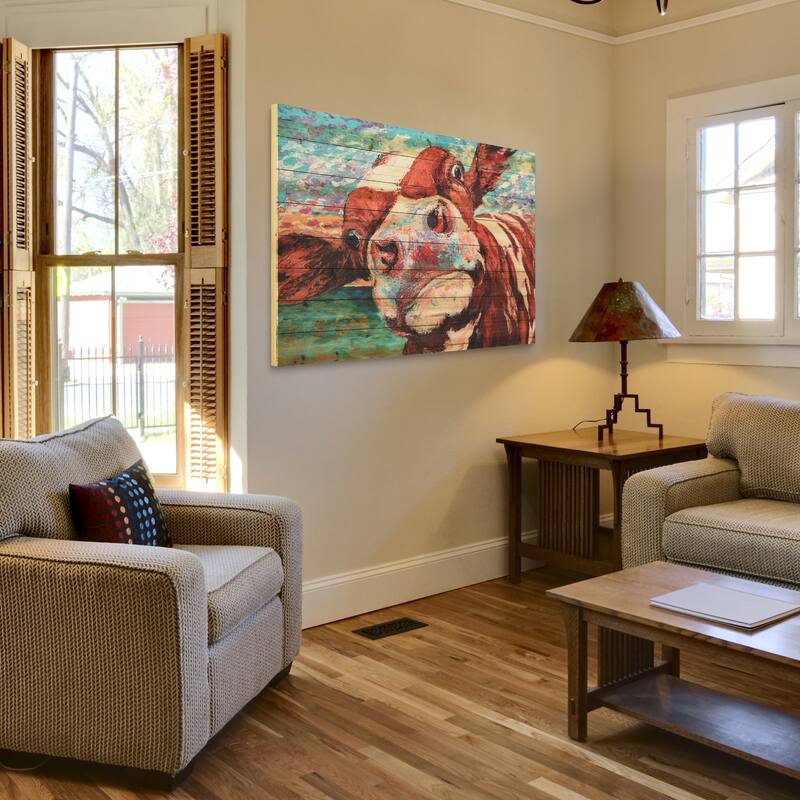 "Curious Cow" Arte de Legno Digital Print on Solid Wood Wall Art