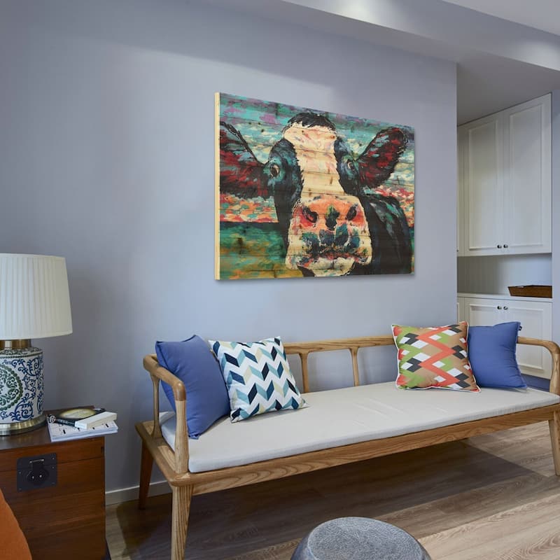 "Curious Cow"Arte de Legno Digital Print on Solid Wood Wall Art