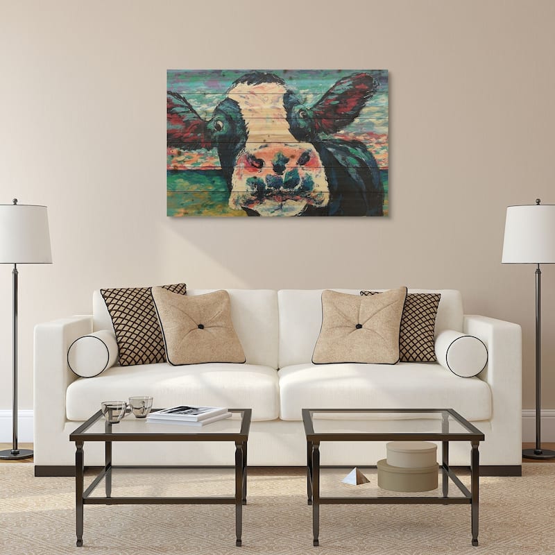 "Curious Cow"Arte de Legno Digital Print on Solid Wood Wall Art