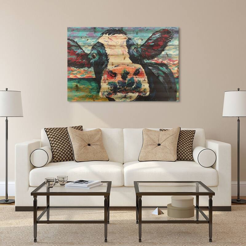 "Curious Cow"Arte de Legno Digital Print on Solid Wood Wall Art