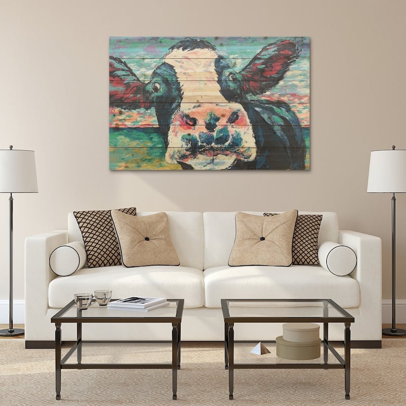 "Curious Cow"Arte de Legno Digital Print on Solid Wood Wall Art