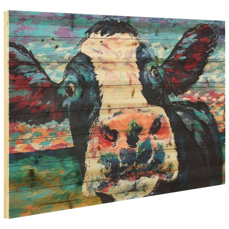 "Curious Cow"Arte de Legno Digital Print on Solid Wood Wall Art