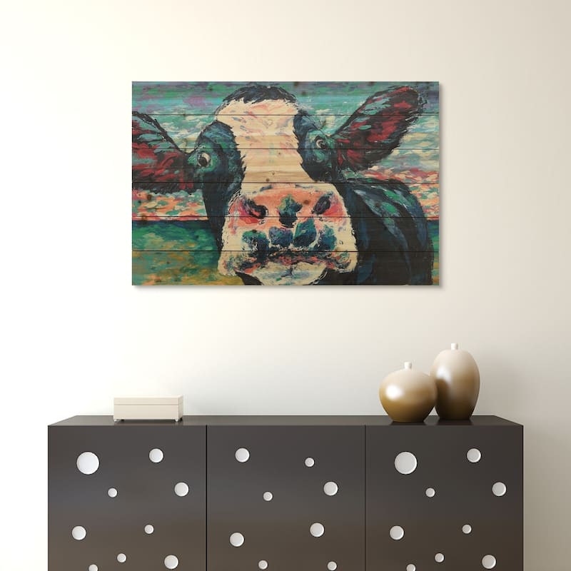 "Curious Cow"Arte de Legno Digital Print on Solid Wood Wall Art