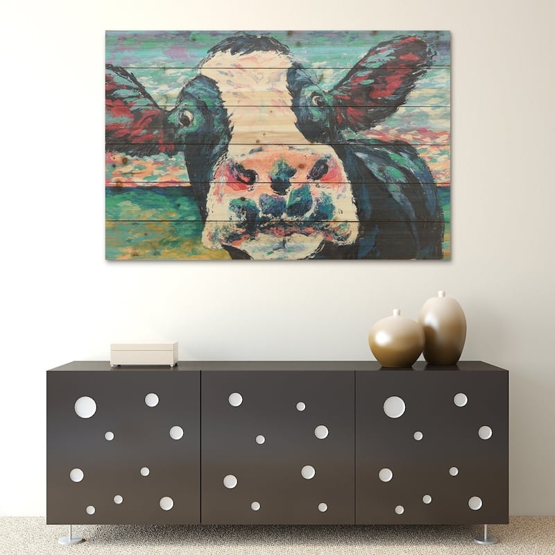 "Curious Cow"Arte de Legno Digital Print on Solid Wood Wall Art