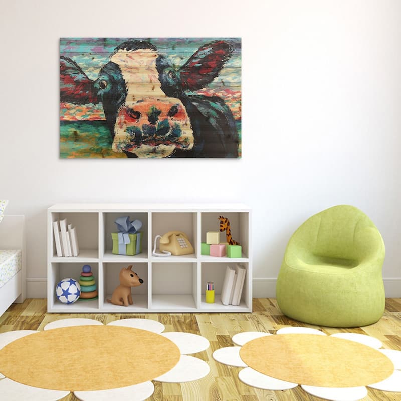 "Curious Cow"Arte de Legno Digital Print on Solid Wood Wall Art