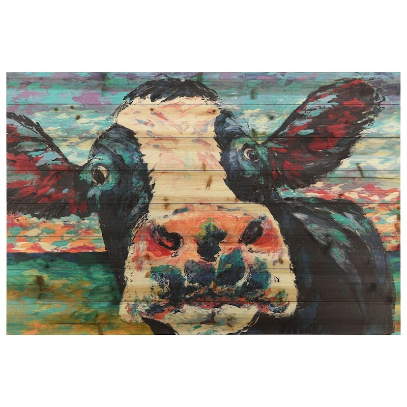 "Curious Cow"Arte de Legno Digital Print on Solid Wood Wall Art - 30 x 45
