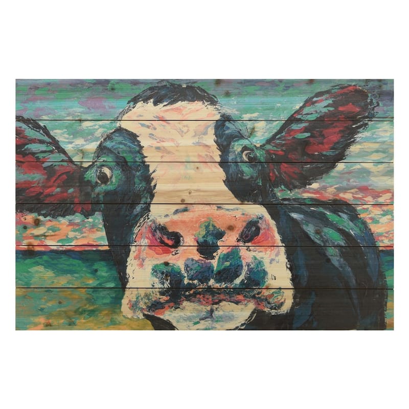 "Curious Cow"Arte de Legno Digital Print on Solid Wood Wall Art