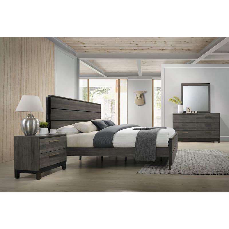 Roundhill Furniture Ioana 187 Antique Grey Finish Wood Bed Room Set, Queen Size Bed, Dresser, Mirror, Night Stand