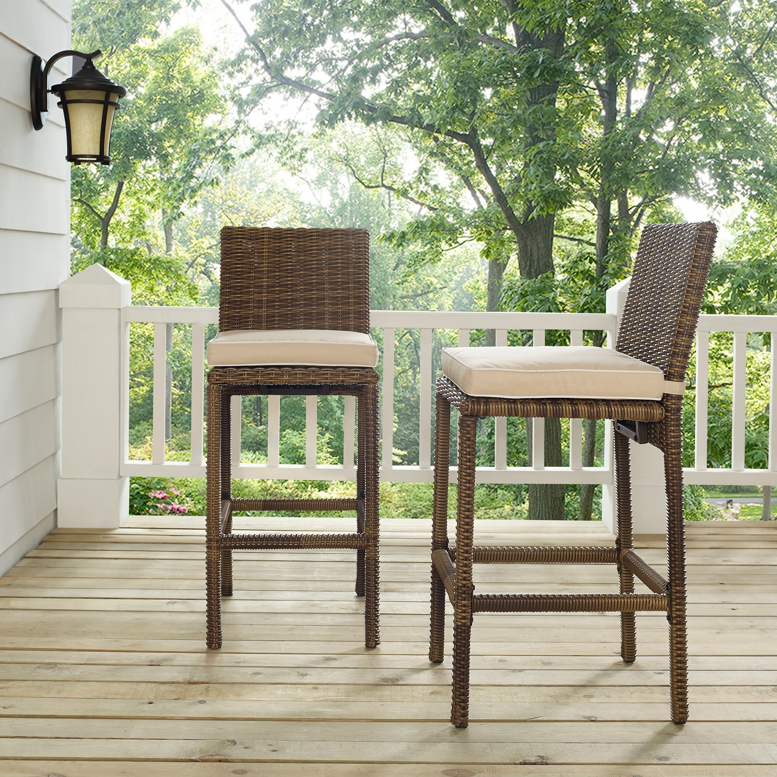 Bradenton Outdoor Wicker Bar Height Stools with Sand Cushions Set