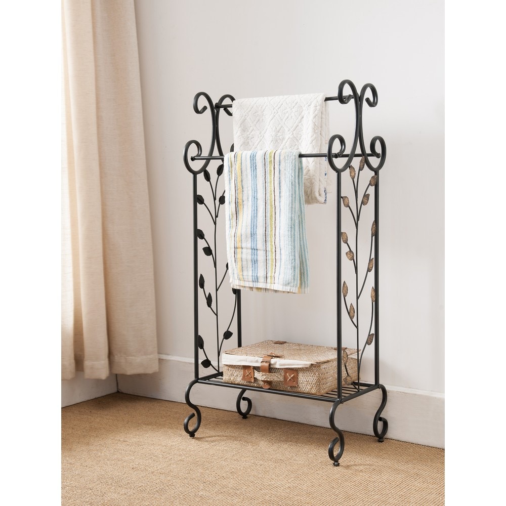 InRoom Designs Freestanding Metal Towel Rack Stand with Decorative Leaf Design, Multi-Bar Bathroom Towel Holder with Lower Shelf