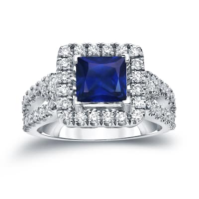 Auriya 1ct Princess Cut Blue Sapphire and 3/4ctw Halo Diamond Engagement Ring 14k Gold (H-I, SI1-SI2)