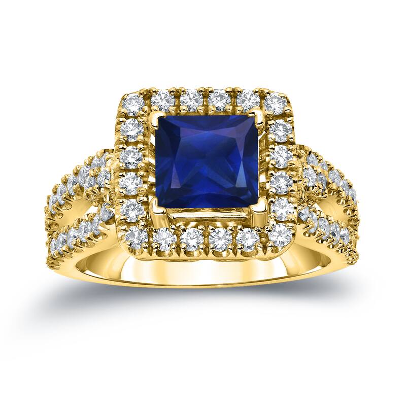 Auriya 1ct Princess Cut Blue Sapphire and 3/4ctw Halo Diamond Engagement Ring 14k Gold (H-I, SI1-SI2)