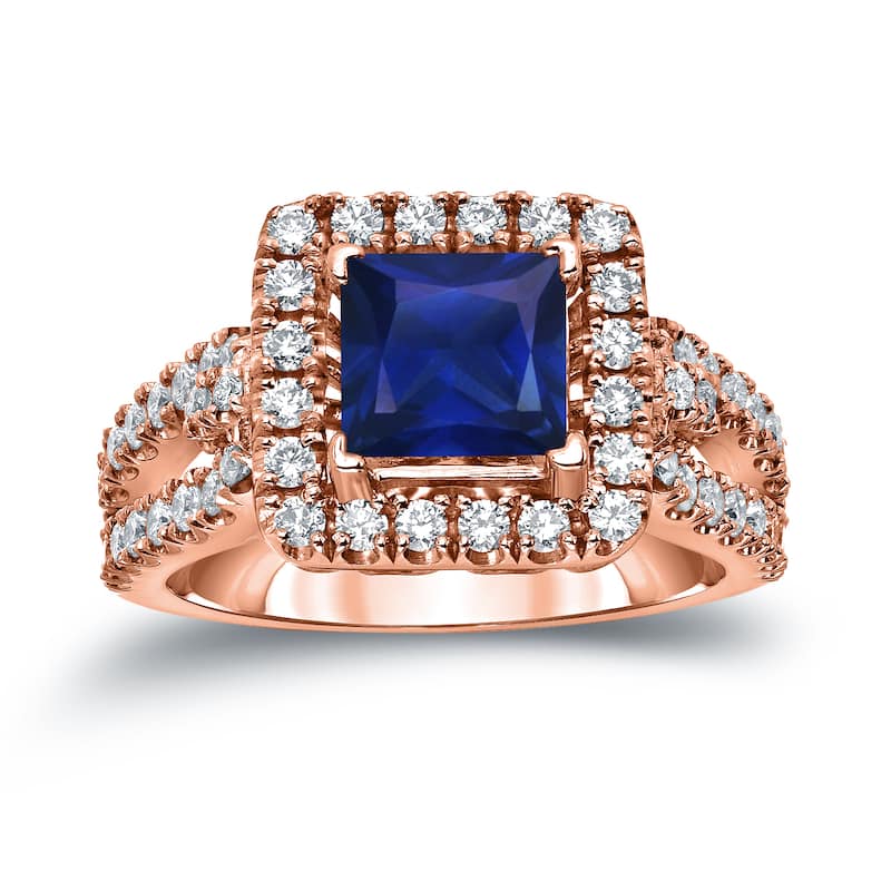 Auriya 1ct Princess Cut Blue Sapphire and 3/4ctw Halo Diamond Engagement Ring 14k Gold (H-I, SI1-SI2)