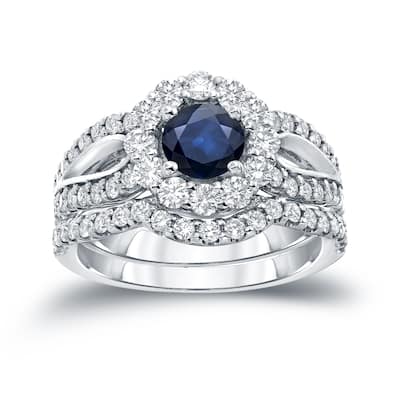Auriya 14k Gold 1ct Blue Sapphire and 1 1/3ctw Halo Diamond Engagement Ring Set