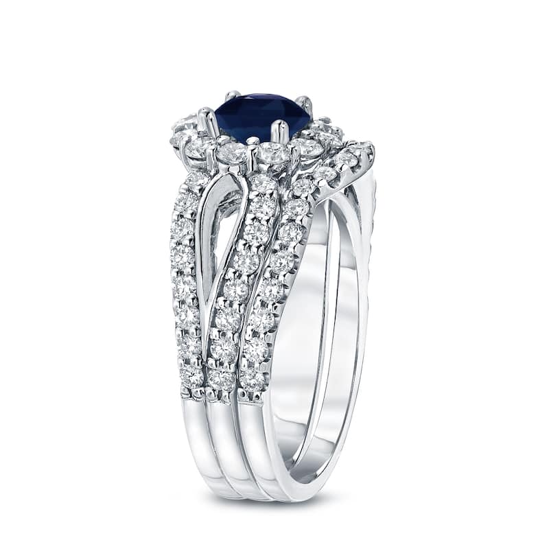 Auriya 14k Gold 1ct Blue Sapphire and 1 1/3ctw Halo Diamond Engagement Ring Set