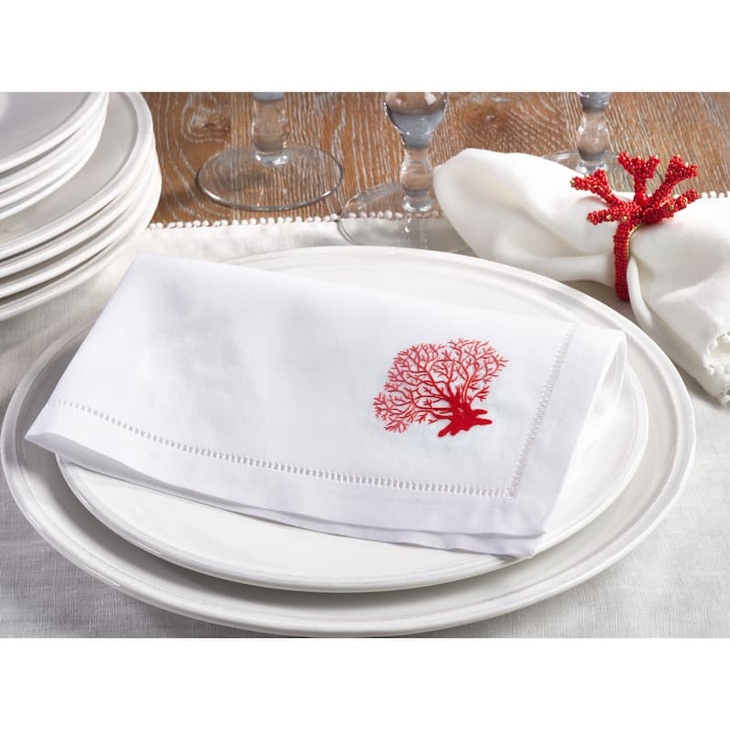 Embroidered Coral Hemstitched Cotton Napkin (Set of 6)