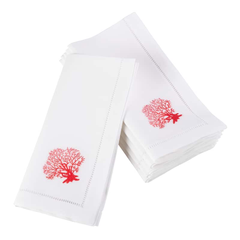 Embroidered Coral Hemstitched Cotton Napkin (Set of 6)