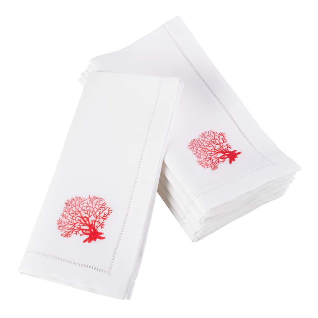 Embroidered Coral Hemstitched Cotton Napkin (Set of 6)