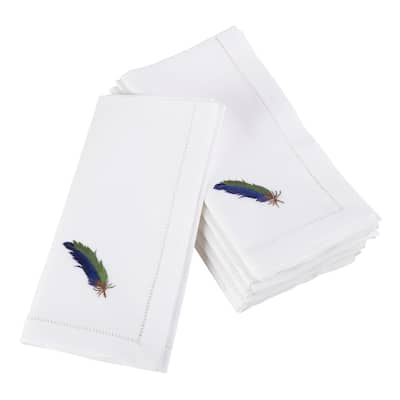 Embroidered Blue Feather Hemstitched Cotton Napkin (Set of 6)