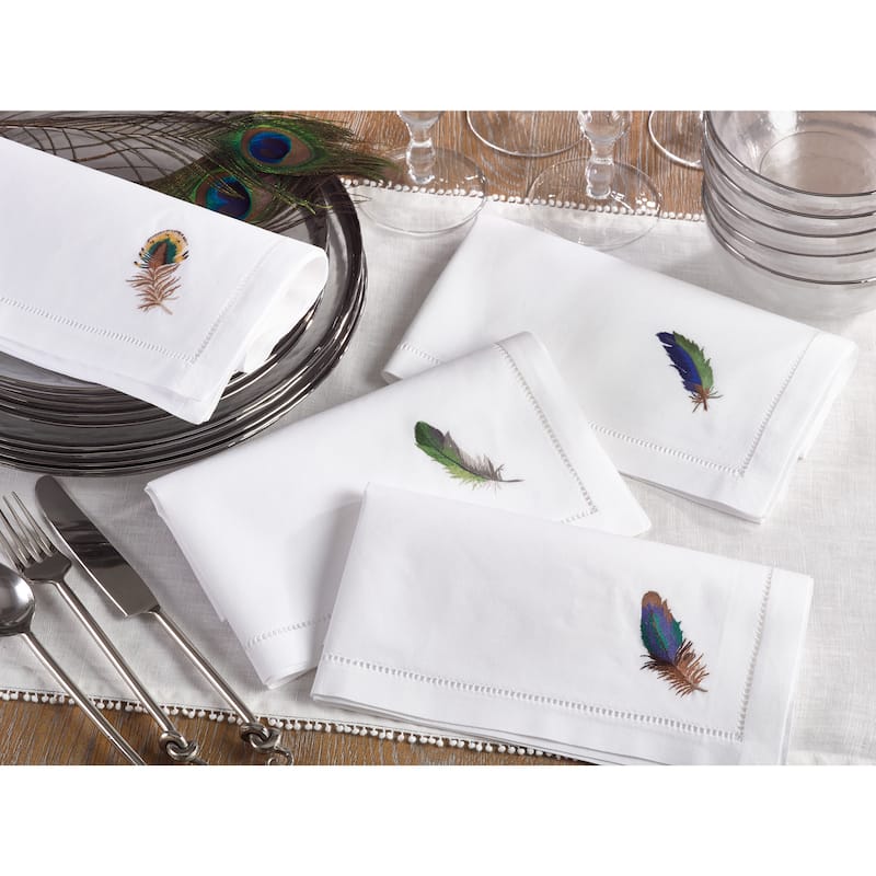 Embroidered Blue Feather Hemstitched Cotton Napkin (Set of 6)