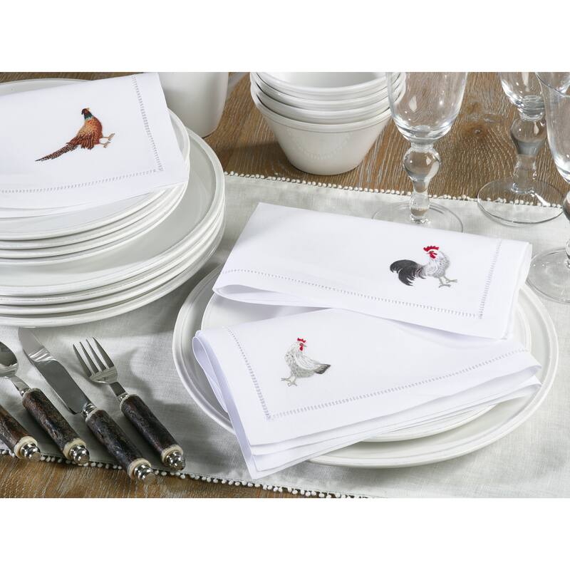 Embroidered Pheasant Hemstitched Cotton Napkin (Set of 6)